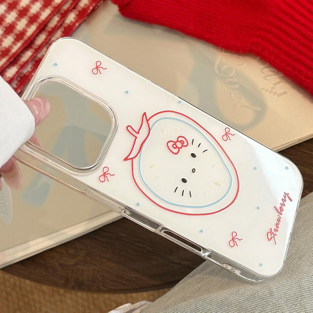 Cute Strawberry Cat Apple 16 Mobile Phone Case Applicable To 17pro Max Pendant IPhone 13 Hard 14 Korean