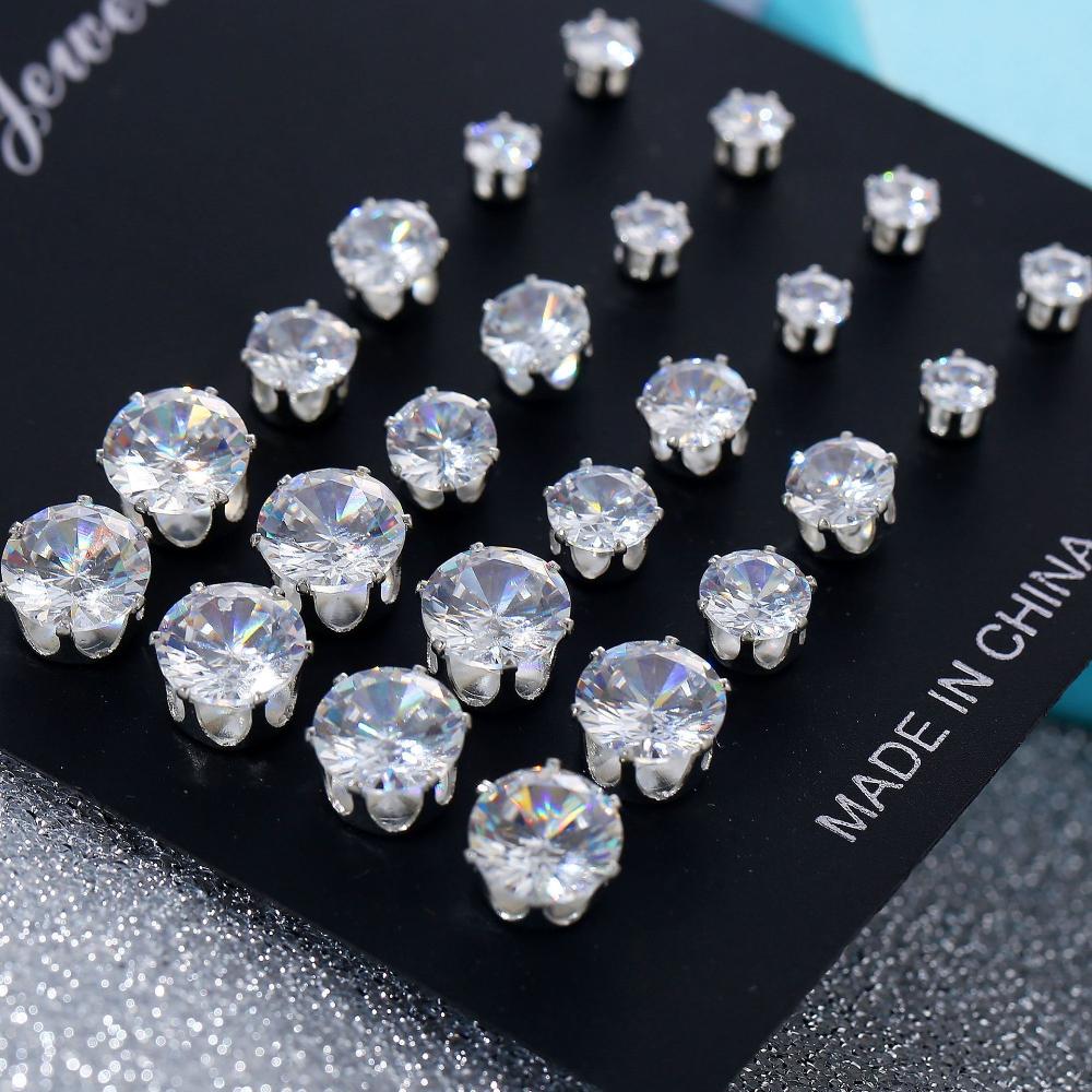 6/12Pairs Simple Women Jewelry Gift Geometric Crystal Round Zircon Stud Earrings Set Alloy Silver