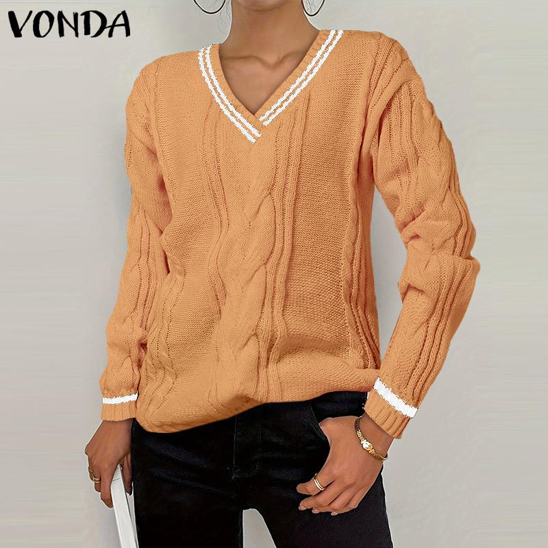 VONDA Women Autumn Warm V-Neck Long Sleeve Knitted Pullover Sweaters