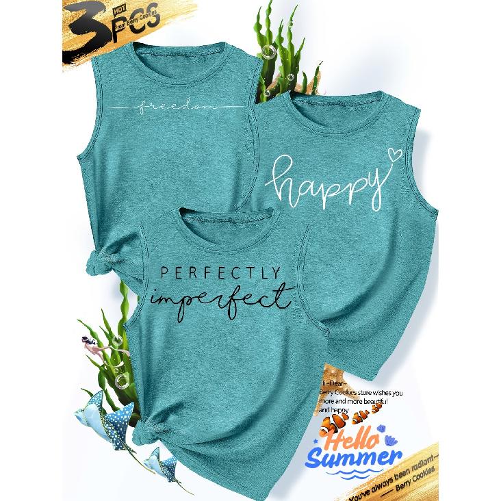 2026New women's vest3Pieces happy freedom perfectly imperfect Text-printed simple, stylish, casual, versatile, comfortable, soft, skin-friendly
