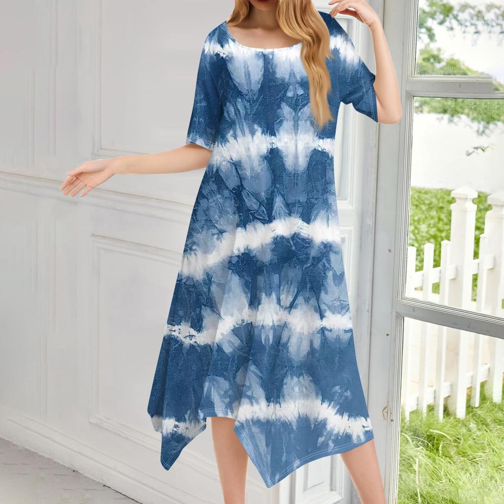 Женское повседневное модное платье миди с круглым вырезом и коротким рукавом с принтом и неровным подолом