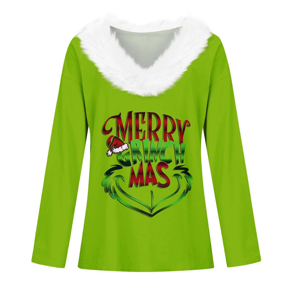 Женская футболка, рождественская рубашка с длинным рукавом, вечерние, рождественский флисовый воротник, топ с v-образным вырезом