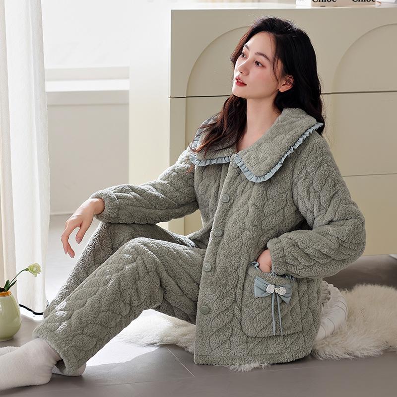 Женская пижама из кораллового флиса, трехслойная, с подкладкой, осенне-зимняя, утолщенная, теплая, с подкладкой, комплект для дома