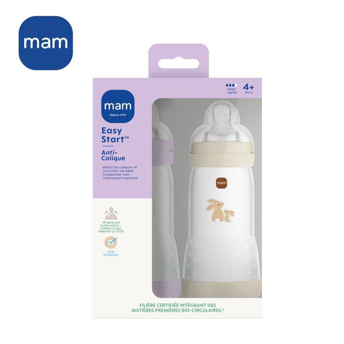 Lot de 2 Biberons - MAM - Easy Start - Anti-colique - 320 ml - Tétine débit 3 - Lilas + Sable