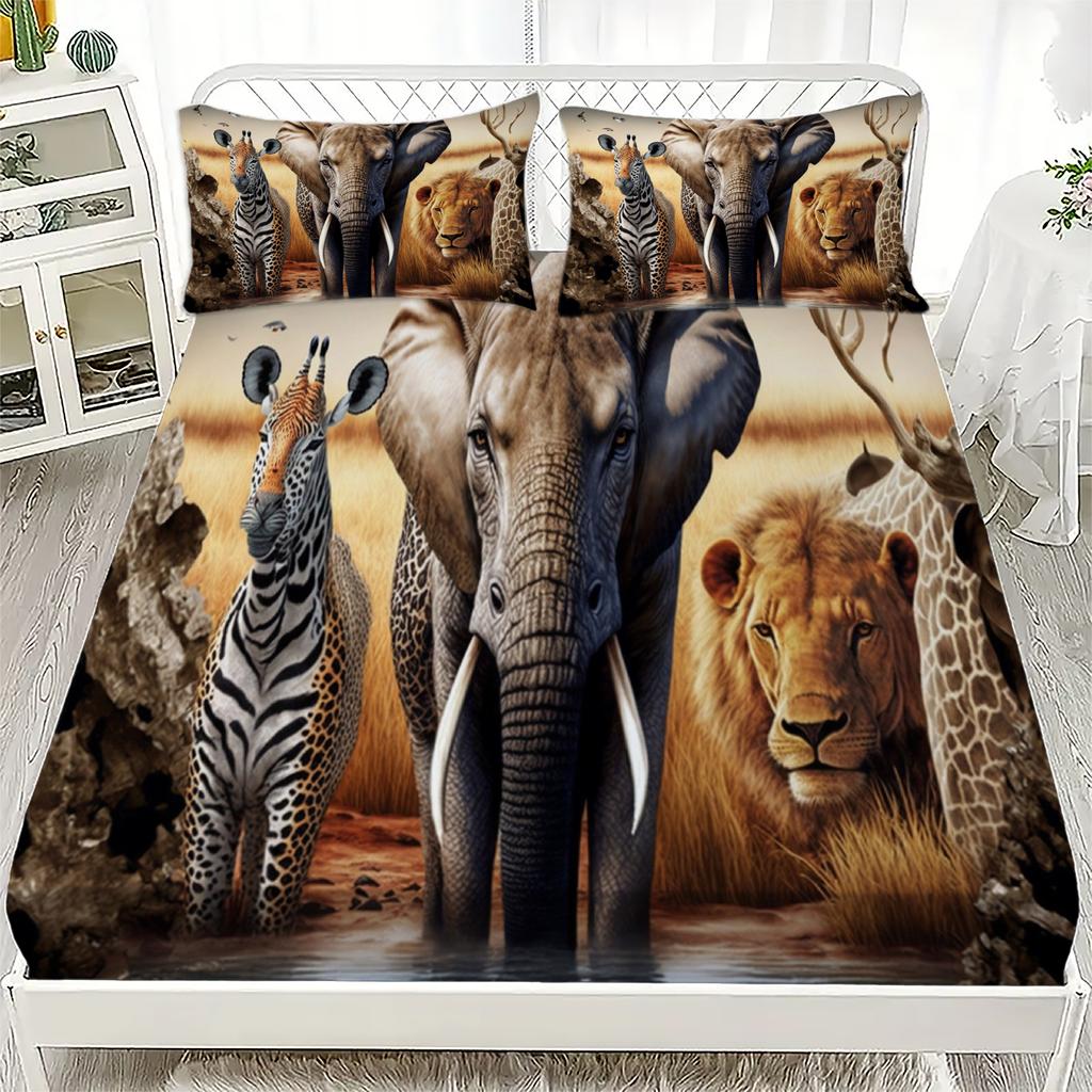 African Savannah Wildlife Style Fitted Sheet Set Soft Breathable Bedding Set Elephant Lion Leopard Printed Mattress Covers