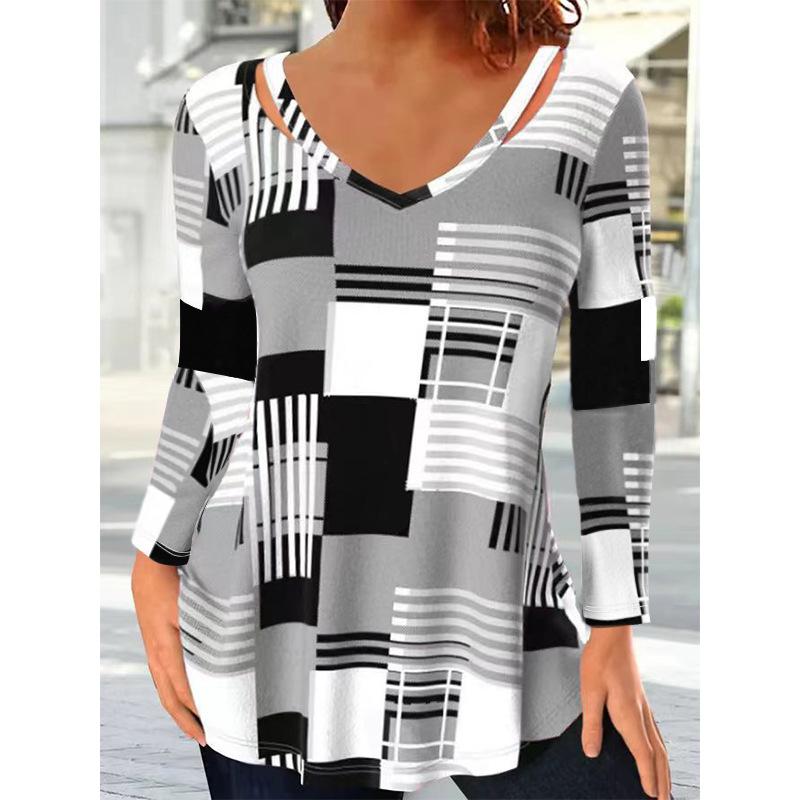 Women's V-neck T-shirt Summer Fashion Checkered Printing Long Sleeved Shirt Street Oversized T-shirt Harajuku Loose Tee 5xl Female Clothing