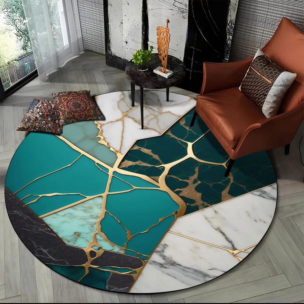 3D Luxurious Colour Marble Blue Green Gold Round Carpet Rug for Living Room Bedroom Child Chair Decor,Pet Area Rug Non-slip Mat