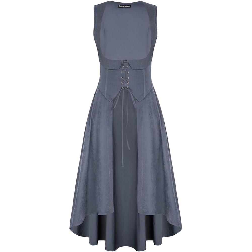 Women Renaissance Costume Underbust Pirate Peasant High Low Dress with Pockets