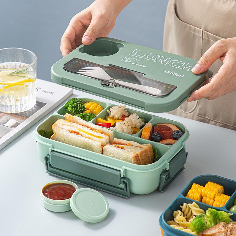 1300ML Portable with Grid Division Lunch Box Kids Students Office Bento Box with Fork and Spoon Microwave Food Storage Container