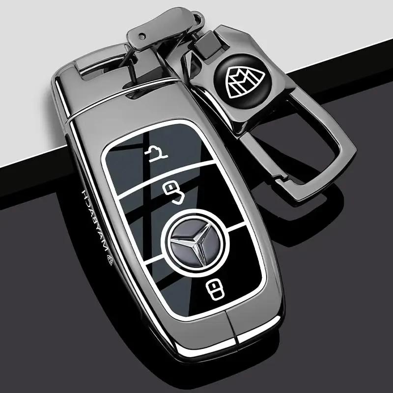 PZQ2 Alloy Style Car Key Case Cover Shell For Mercedes Benz A C E S G Class GLC CLE CLA GLB GLS W177 W205 W213 W222 X167 AMG Keychain