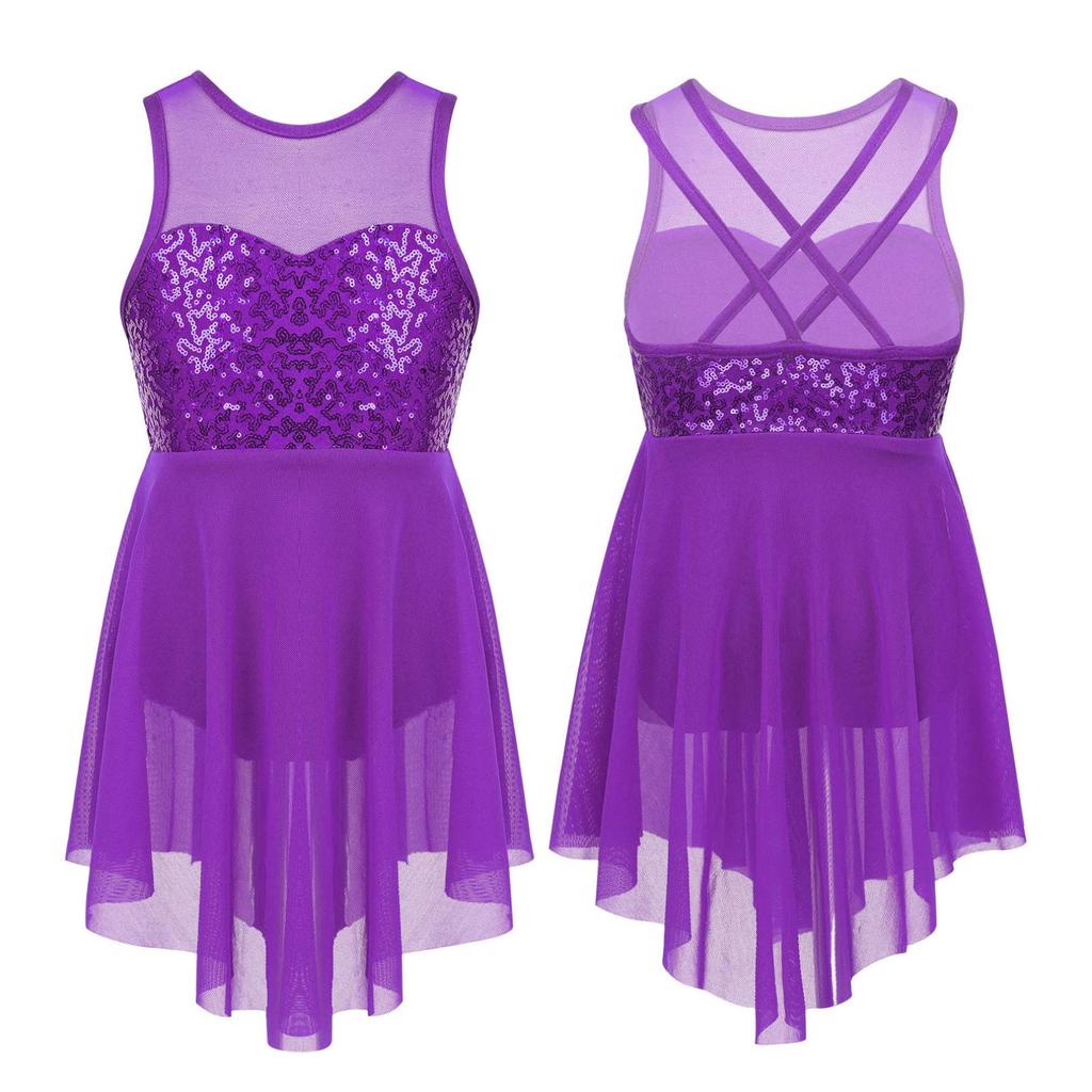 Kids Girls Sleeveless Irregular Hem Lyrical Dance Ballet Leotard Dress Performance Costume