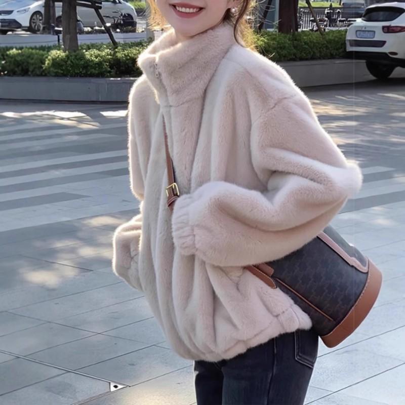 Womens Faux Fur Coat Stand Collar Solid Color Thick Jacket Winter