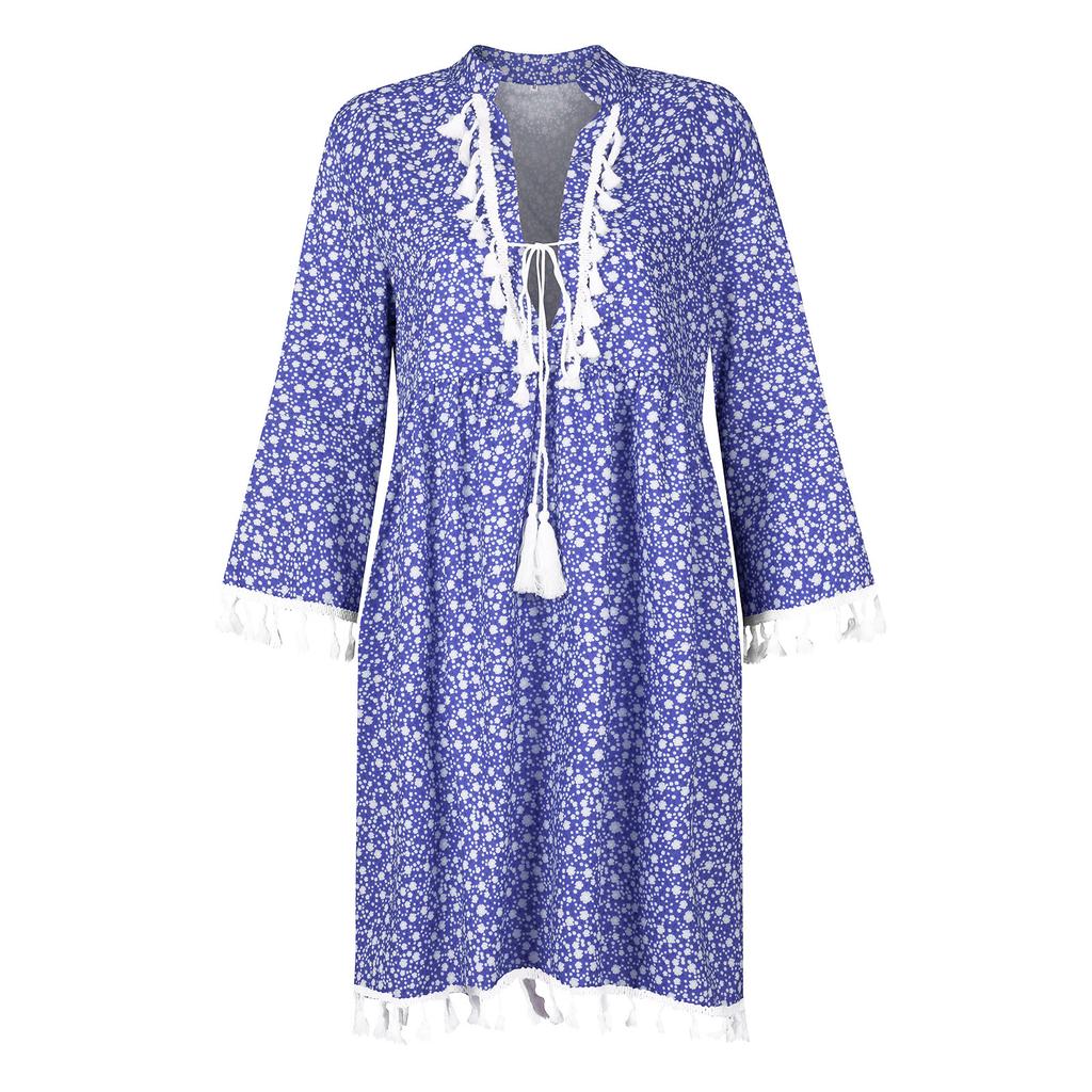 Women Three-quarter Sleeve Boho Floral Printed Dress Tassel V-neck Dress