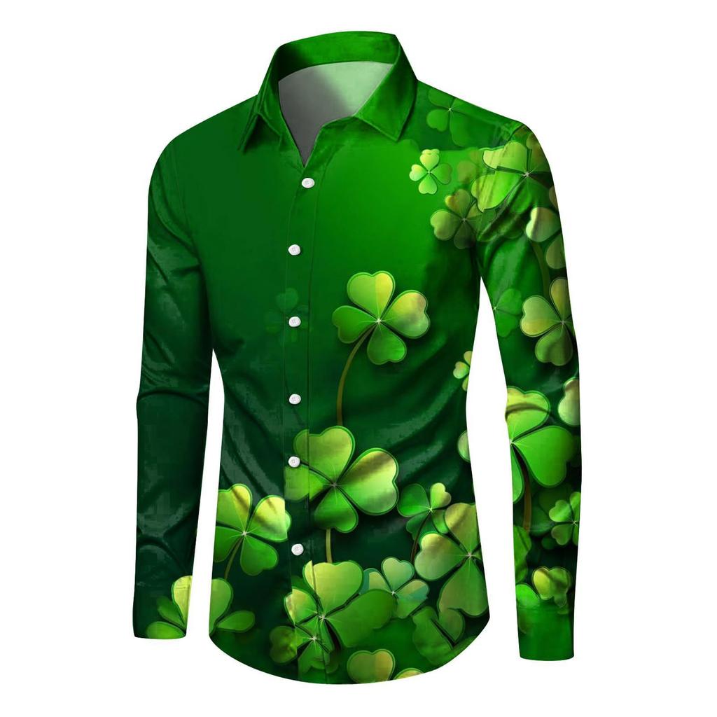 European and American new 1116 fashion trend casual versatile four-leaf clover printed men's long-sleeved shirt