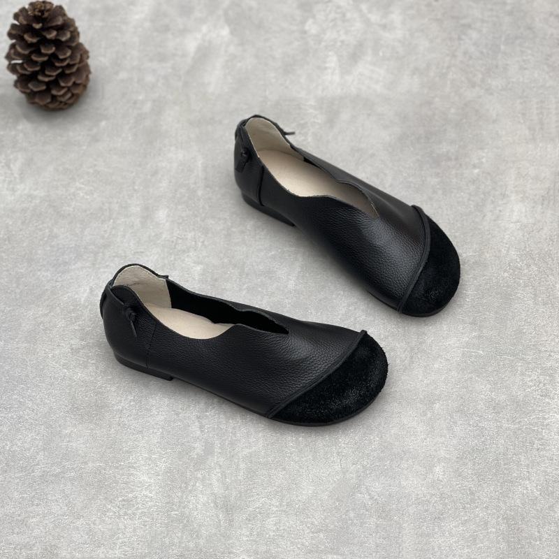 Johnature Retro Genuine Leather Women Soft Sole Flats Shoes Handmade Casual Shallow Round Toe Slip-on Loafers