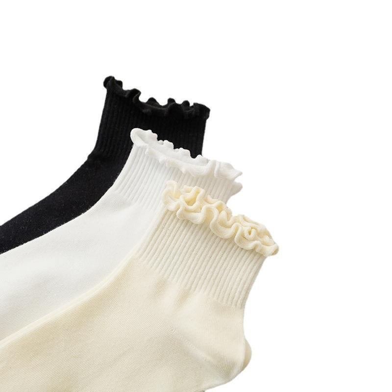 Female Spring and Autumn Solid Color Wooden Ear Curled Cotton Sweat Absorbing Socks