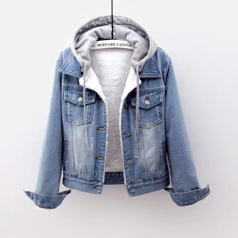 Women's Slim Hooded Denim Jacket - Popular Japanese and Korean Style, Long-Sleeved, Short Length for Spring and Autumn