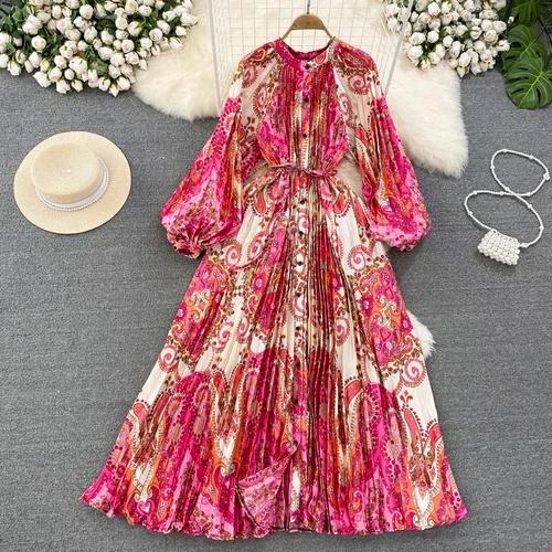 Платья Temperament Lantern Длинные рукава Круглый вырез Тонкий однобортный принтованное платье Элегантные винтажные шикарные женские платья