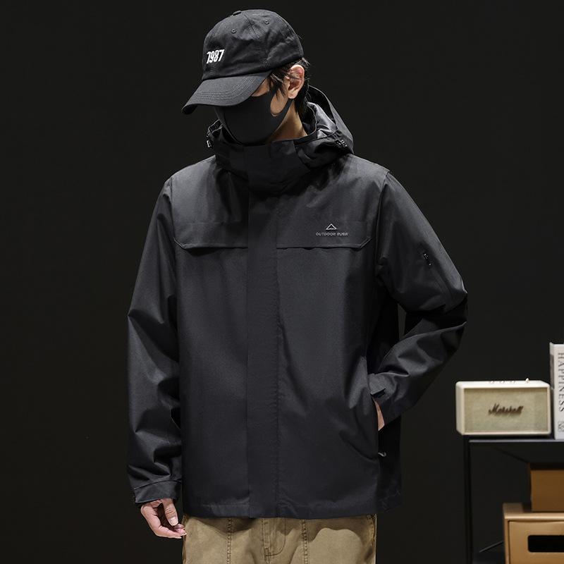 Men's Light Gray Hooded Outdoor Jacket - Waterproof Windbreaker with Zipper Pockets