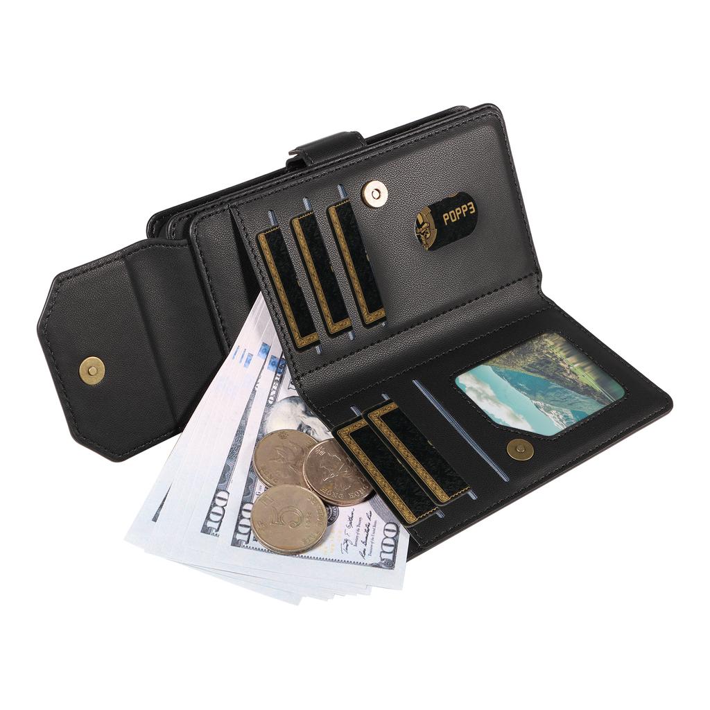 For iPhone 15 Case with Multi-Card Holder and Strap PU Leather Phone Cover Stand