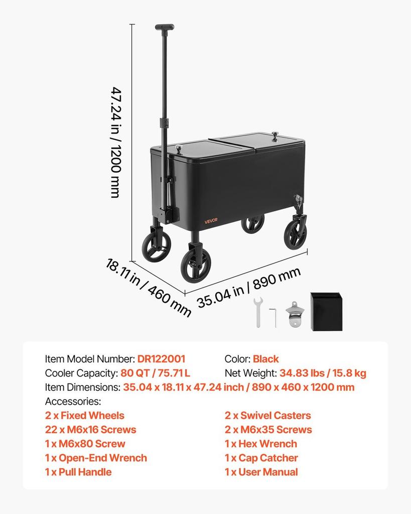 75.71 L Rolling Ice Chest Cart, with 2-Stage Telescopic Pull Handle and 2 Swivel Casters, Portable Table Beach Patio Party Bar Cold Drink Beverage,