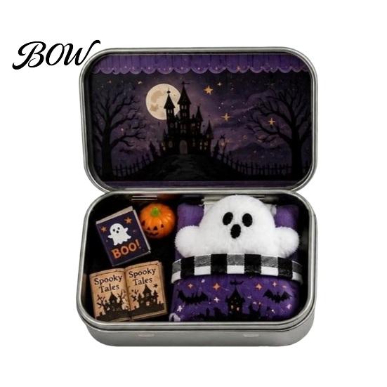 Compact Desktop Soft Decoration Mini Ghost Tin Box Set, Little Pocket Cute in A Box, Decorative Metal Storage Case Halloween Miniature Scene