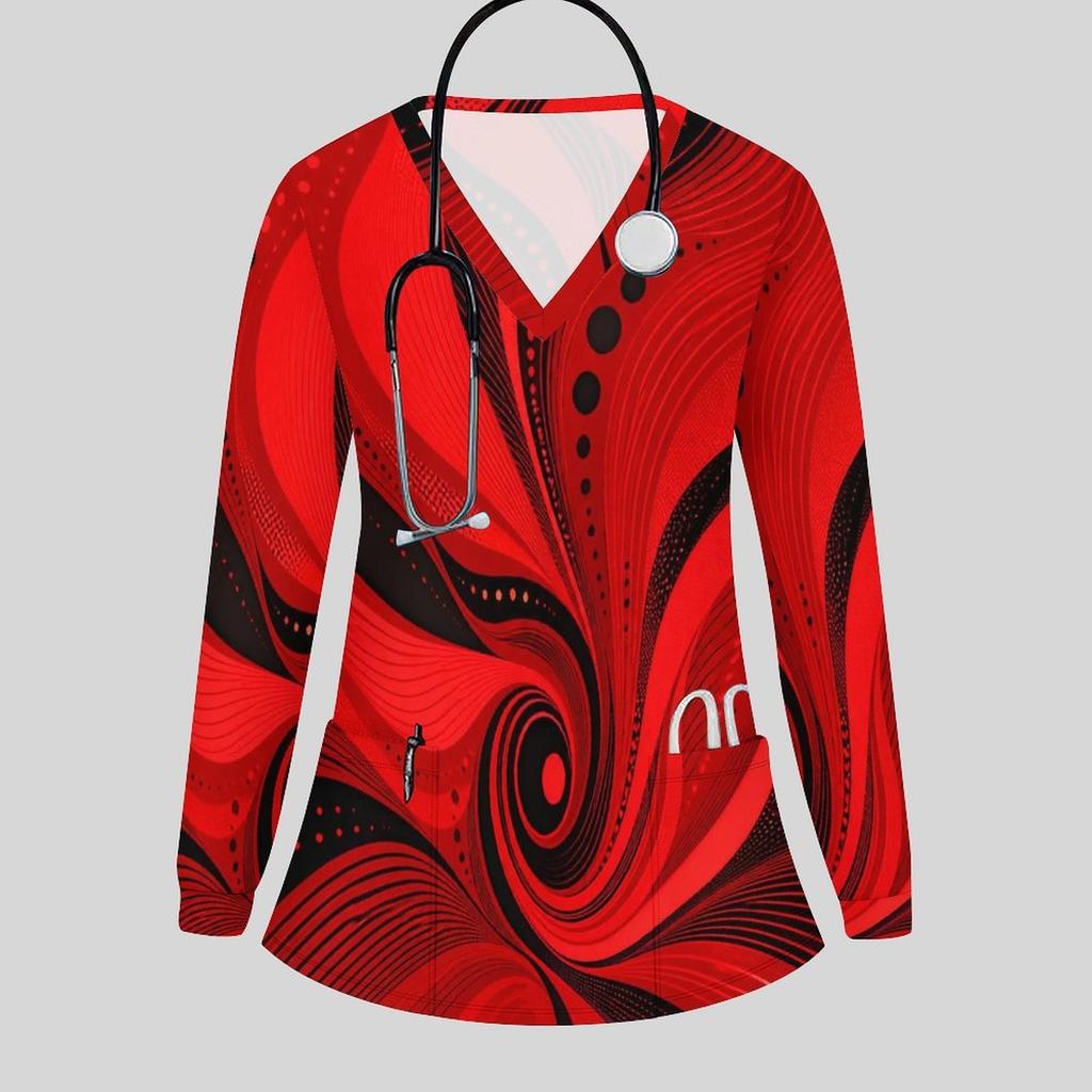 Women Plus Size Teal Black Gold Marble Printed Nurse Scrub Top V Neck Long Sleeve With Front Pockets