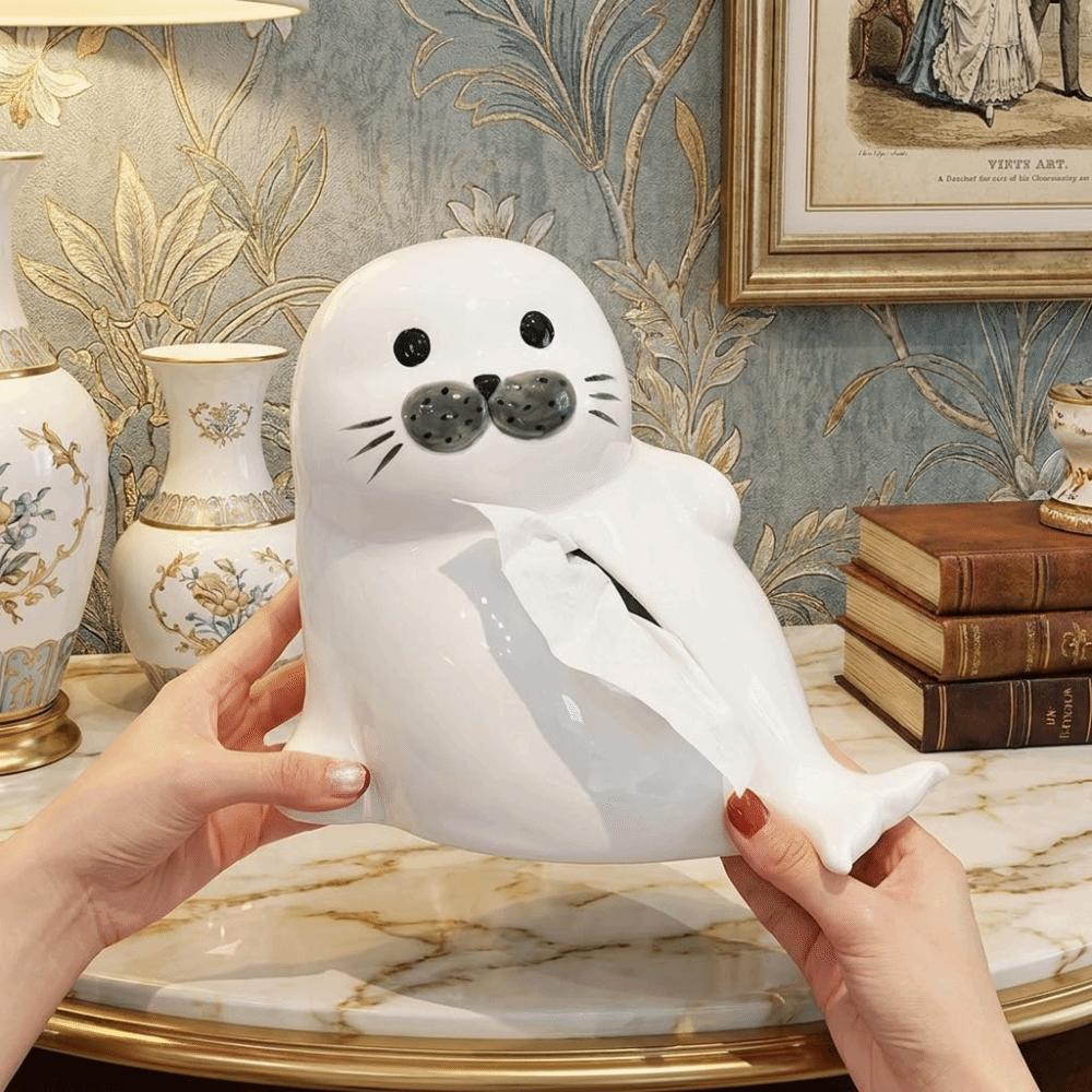 Stylish Large Capacity Seal lion Napkin Holder Smooth Exquisite Napkin Storage Box Cute Cartoon Ceramic Tissue Box Bedside