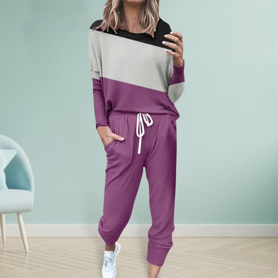 2 шт./комплект женский топ брюки костюм круглый вырез длинный рукав цветной блок спортивный свитшот завязка
