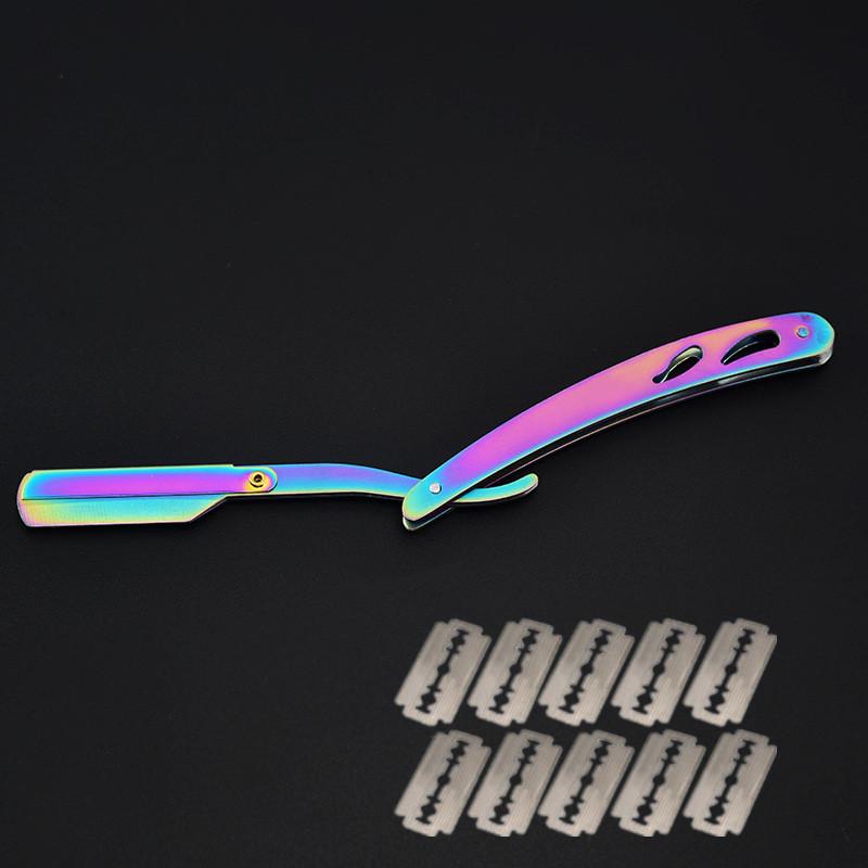 Новая модная бритва из нержавеющей стали с прямым лезвием, парикмахерская, ручная бритва для бритья, многоцветная пластиковая ручка для мужчин, 1 бритва + 10 лезвий