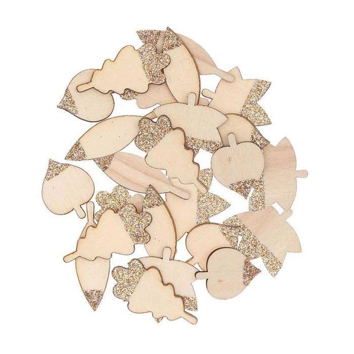 48 Wooden Silhouettes Glittery Leaves