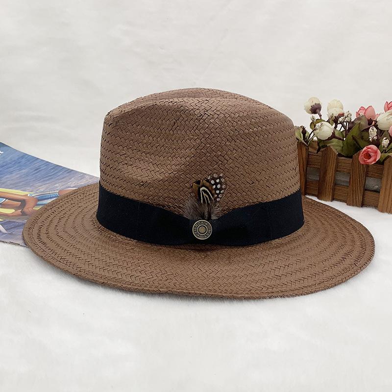 Eay Eight - Point Hand - Woven Straw Top Hat for Travel, Feather Jazz Style