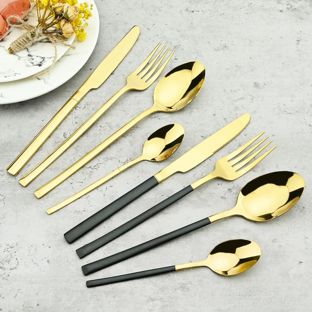 4Pcs Black Gold Cutlery Set Knives Fork Spoon Dinner Tableware Stainless Steel Dinnerware Party Kitchen Flatware Silverware Set