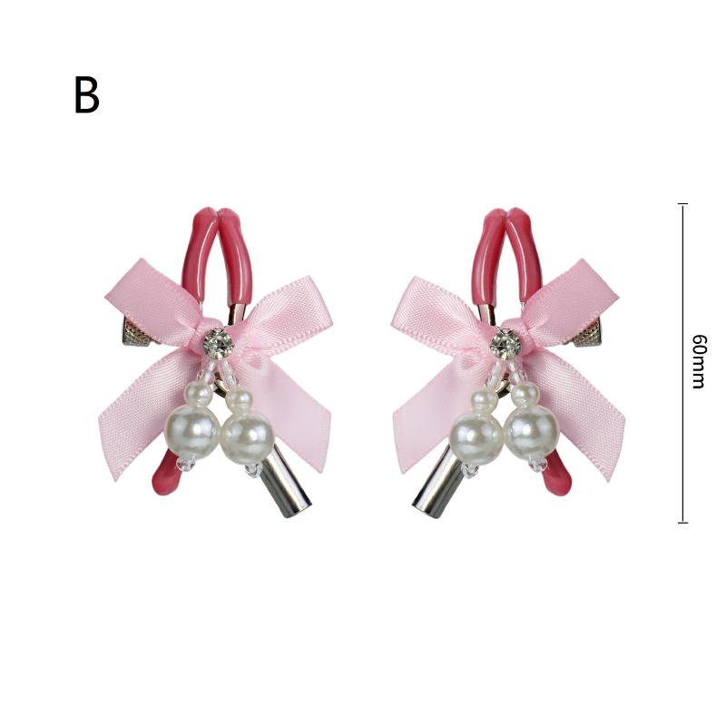 Pink Adjustable Metal Nipple Clamps with Soft Non-Slip Pads Bow Pearl Rhinestone Decor for Couples Intimate Bedroom Play