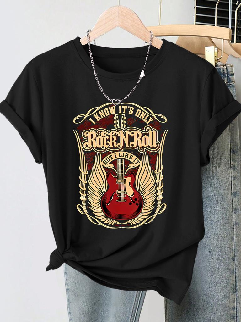 Rock N Roll Guitar Retro Printed Summer New Style Women's Round Neck Daily Commuter T-shirt Playful Age Reducing Top
