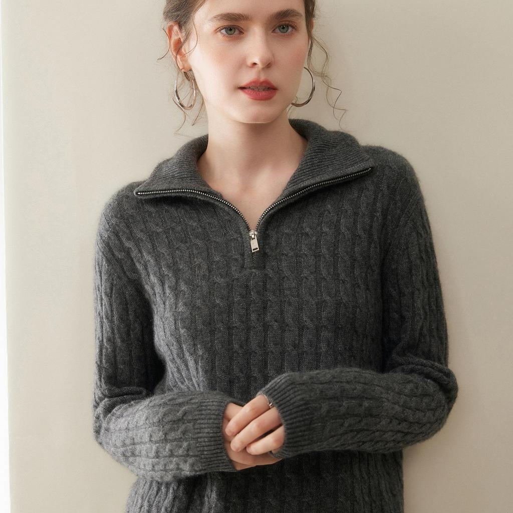 Women's Thickened Cashmere Half-Zip Knit Sweater - Loose Fit, Soft, Turn-Down Collar for Autumn and Winter