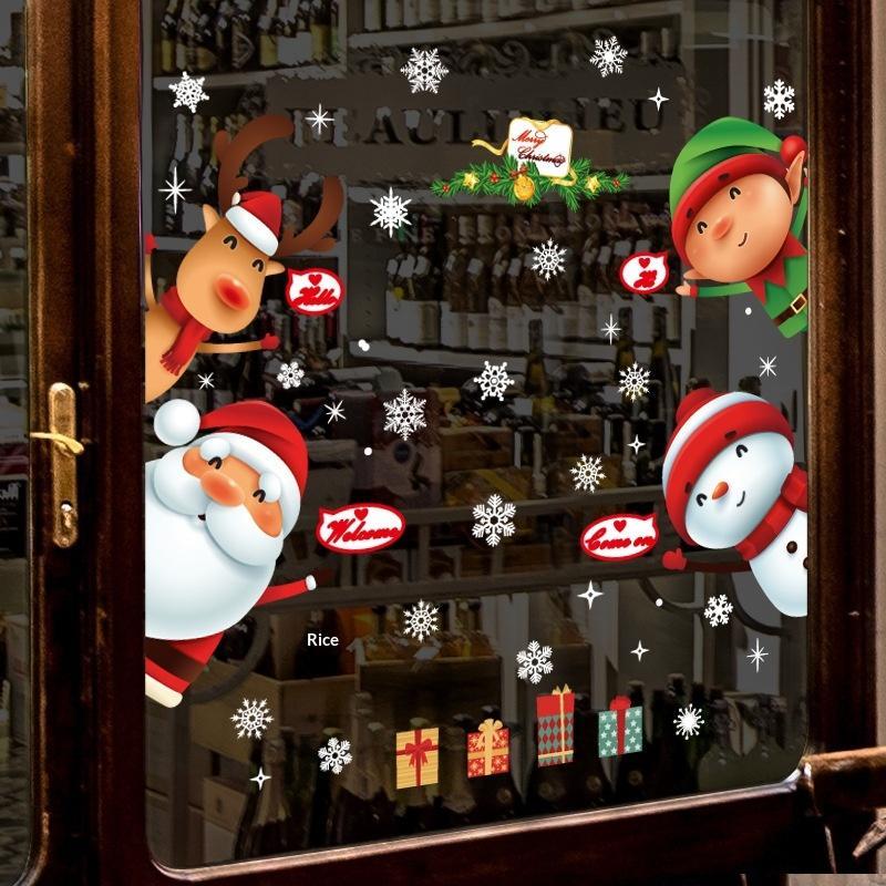 Christmas Window Static Stickers 2/4 Sheet Removable Cartoon Santa Reindeer Snowflake for Xmas Family Party Decoration