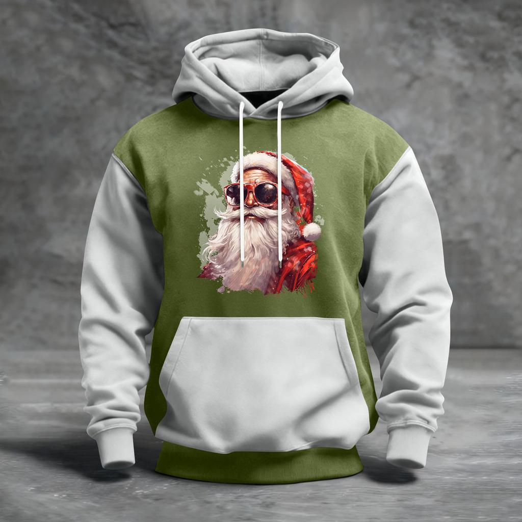 Мужской рождественский свитшот с капюшоном, повседневный, спортивный, удобный, с цветными блоками и принтом