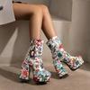 Women Short Boots Autumn Winter Flower Embroidery Thick Heel Ultra-high Heel Belt Buckle Waterproof Platform Women's Ankle Boots