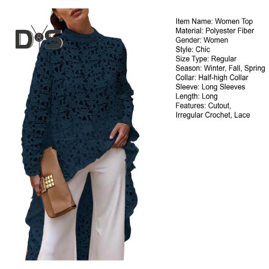 Женское длинное платье с вырезом сверху, нерегулярным вязанием крючком, кружевом, цветочным узором, прозрачной короткой передней частью и длинной задней частью, с полувысоким воротником и длинными рукавами