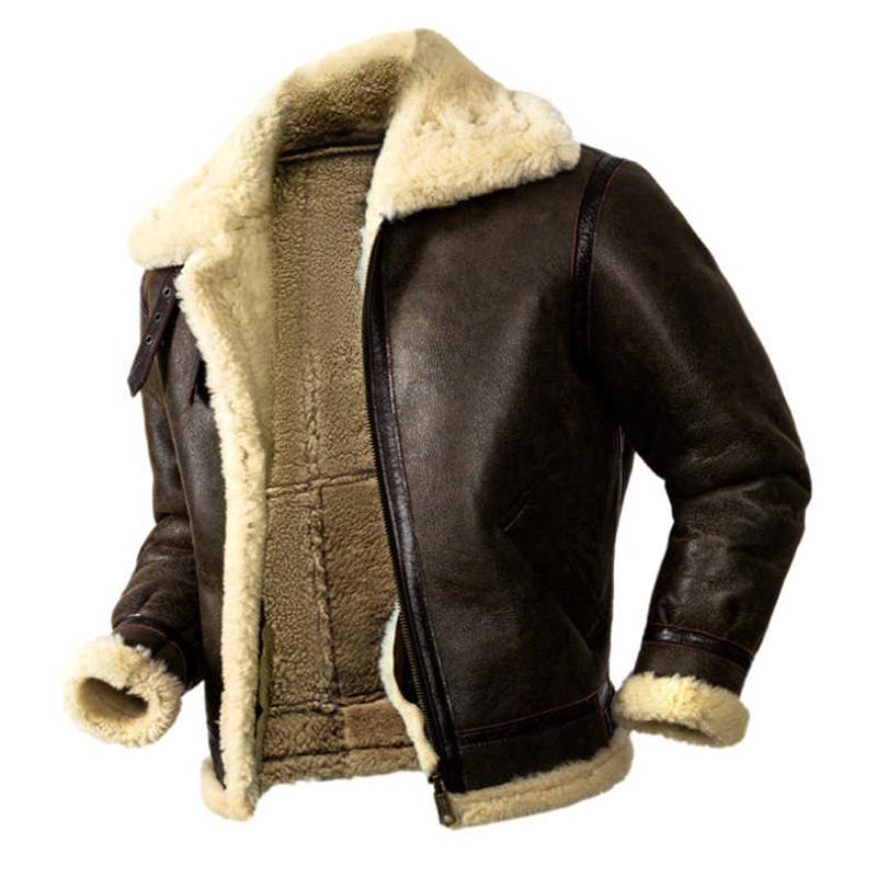 Men's Natural Shearling Thickened Warm Sheepskin Coat B3 Air Force Pilot Leather Jacket Brown European Size Winter Coat