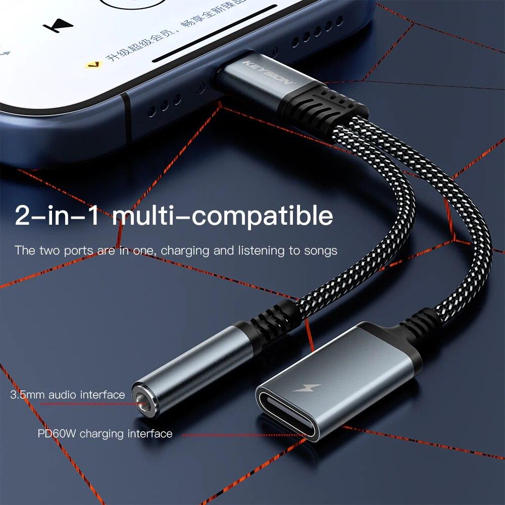 KEYSION 2 In 1 Type C To 3.5mm Earphone DAC Audio Type C Headphone Jack Adapter PD 60W Fast Charging Splitter for iPhone 15 Pro