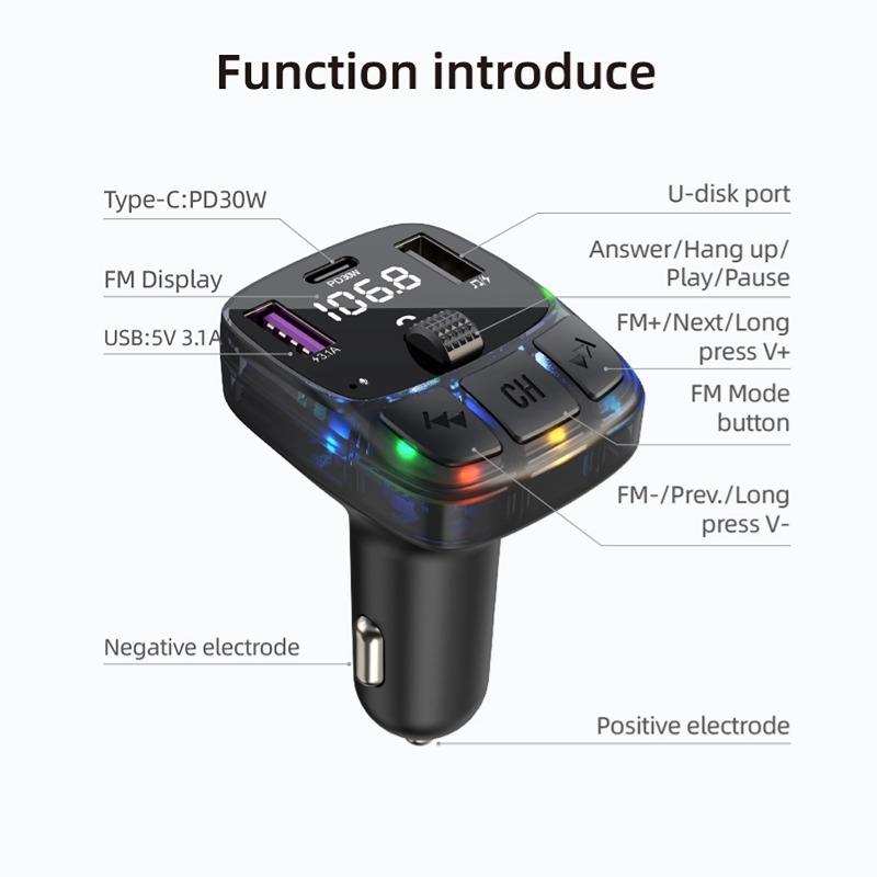 Bluetooth 5.3 Автомобильный FM-передатчик PD 30 Вт Dual USB 3.1A Type-C Быстрое зарядное устройство Громкая связь Вызов Автомобильный комплект Mp3-плеер Приемник FM-модулятор Поддержка TF U диска