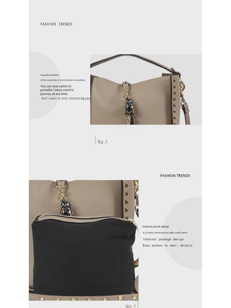 Сумка-ведро из натуральной кожи с заклепками и рисунком в виде головы тигра