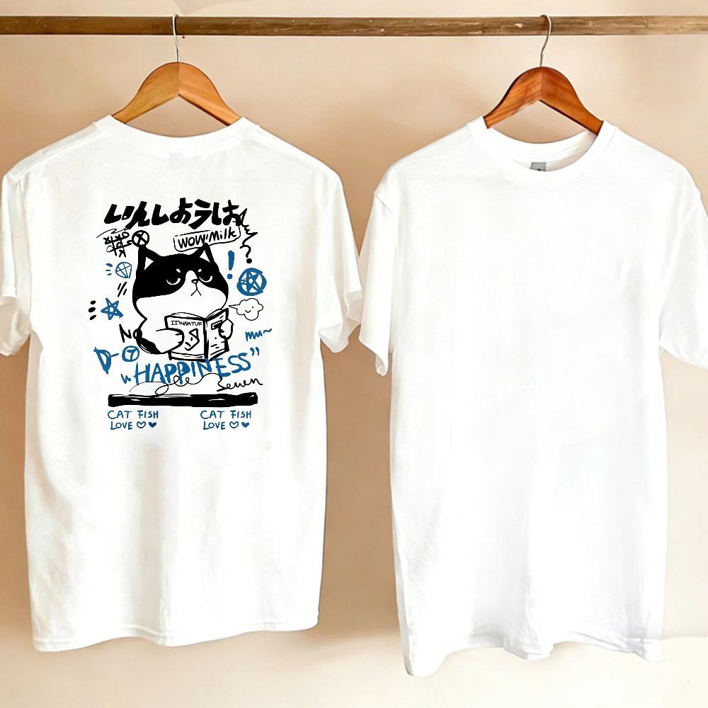Unisex Graffiti Black Cat Happiness Japanese Kanji Graphic Short Sleeve TShirt Retro Doodle Style Neko Cotton Harajuku Casual Tees