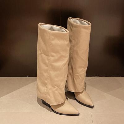 Современные ботфорты на квадратном каблуке Весна/осень Слипоны 2024 Горячая распродажа Обувь Женская Острый носок Средний каблук Лаконичные женские ботинки