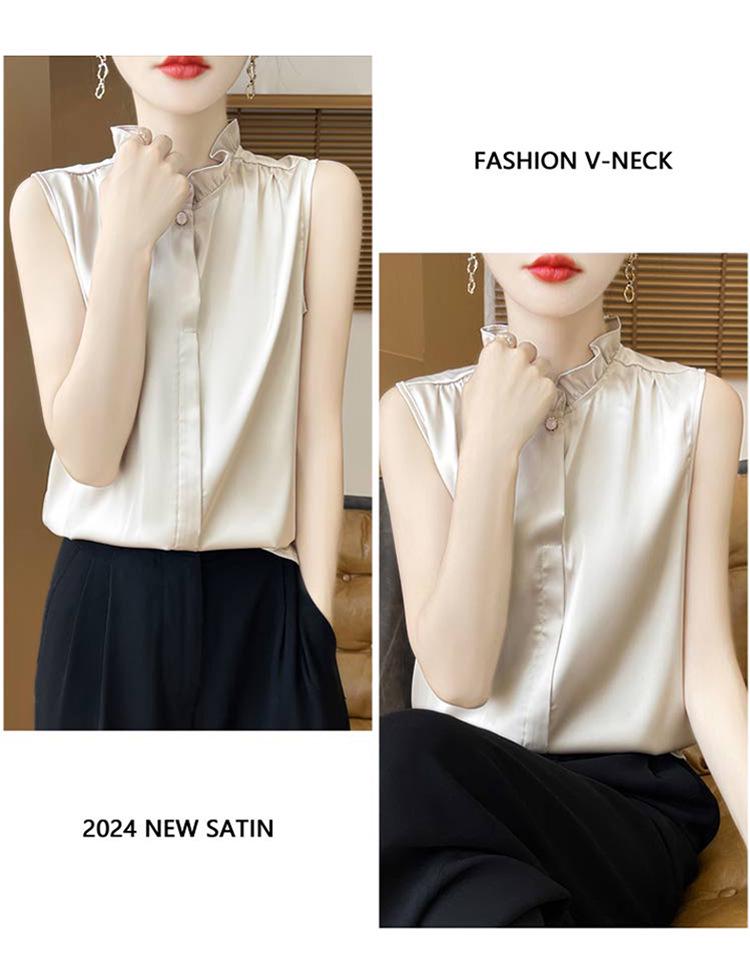 Летний шелковый атласный топ без рукавов с воротником-жабо - Женский жилет luxury с воротником-стойкой