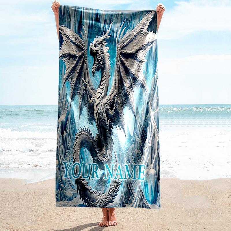 1PC Custom Name Frosty Dragon's Majesty Beach Towel Highly Absorbent And Sand-Resistant Towel for Swimming, Pool, Yoga, And Travel Lightweight