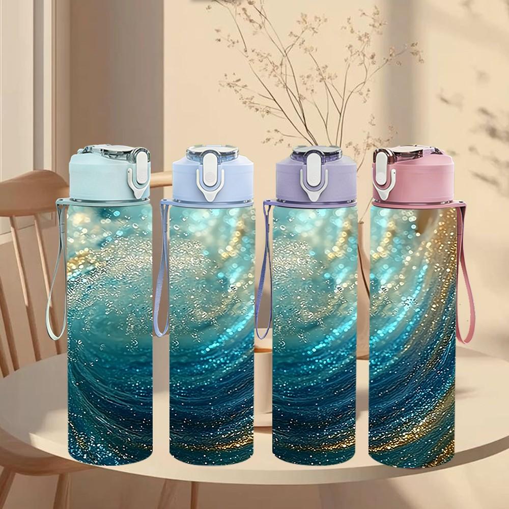 1PC Turquoise Gold Fluid Marble Pattern 750ml Color Plastic Sports Water Bottle Leakproof Flip Straw Lid Suitable for Sports Office Home Use