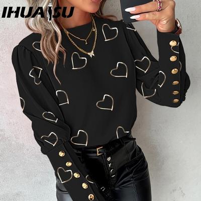 Осенне-зимняя модная женская рубашка с длинным рукавом и круглым вырезом на пуговицах